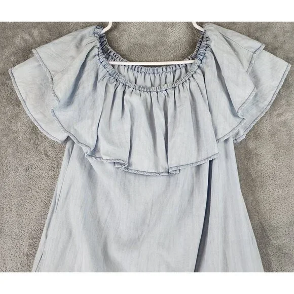 Sneak Peak Dress Womens Small Light Blue Chambray Off the Shoulder Casual Mini - Picture 6 of 11